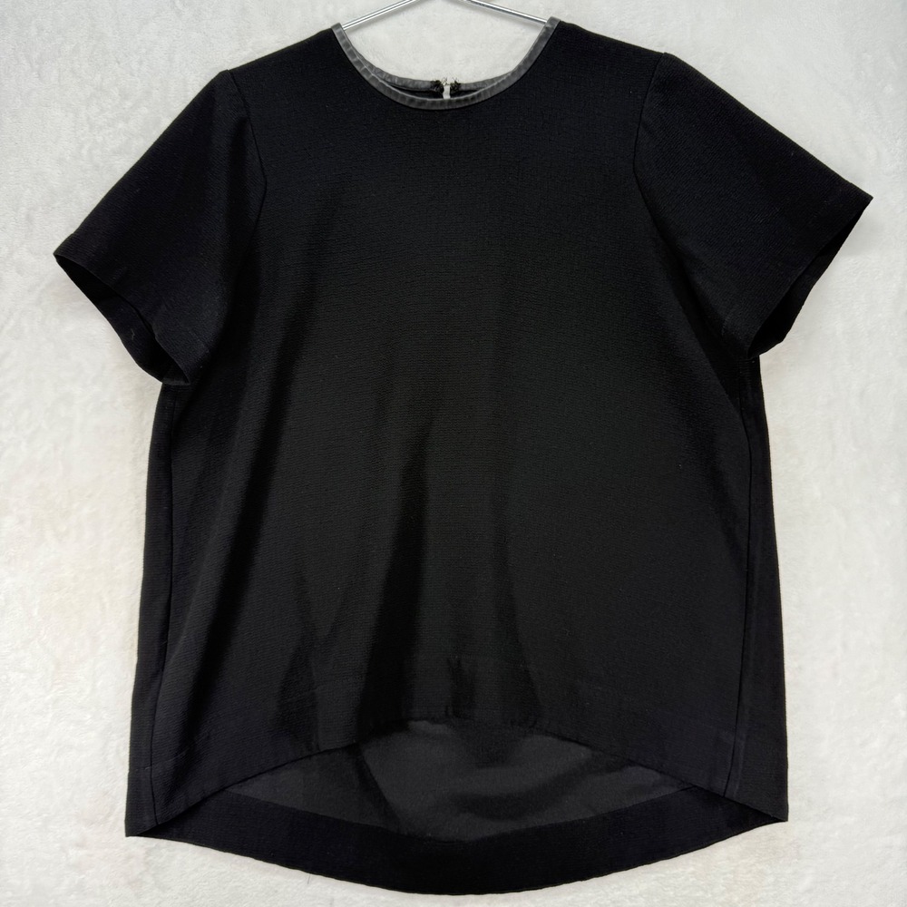 Madewell Black Top Leather Trim Short Sleeve High‎ Low Hem Blouse Size L